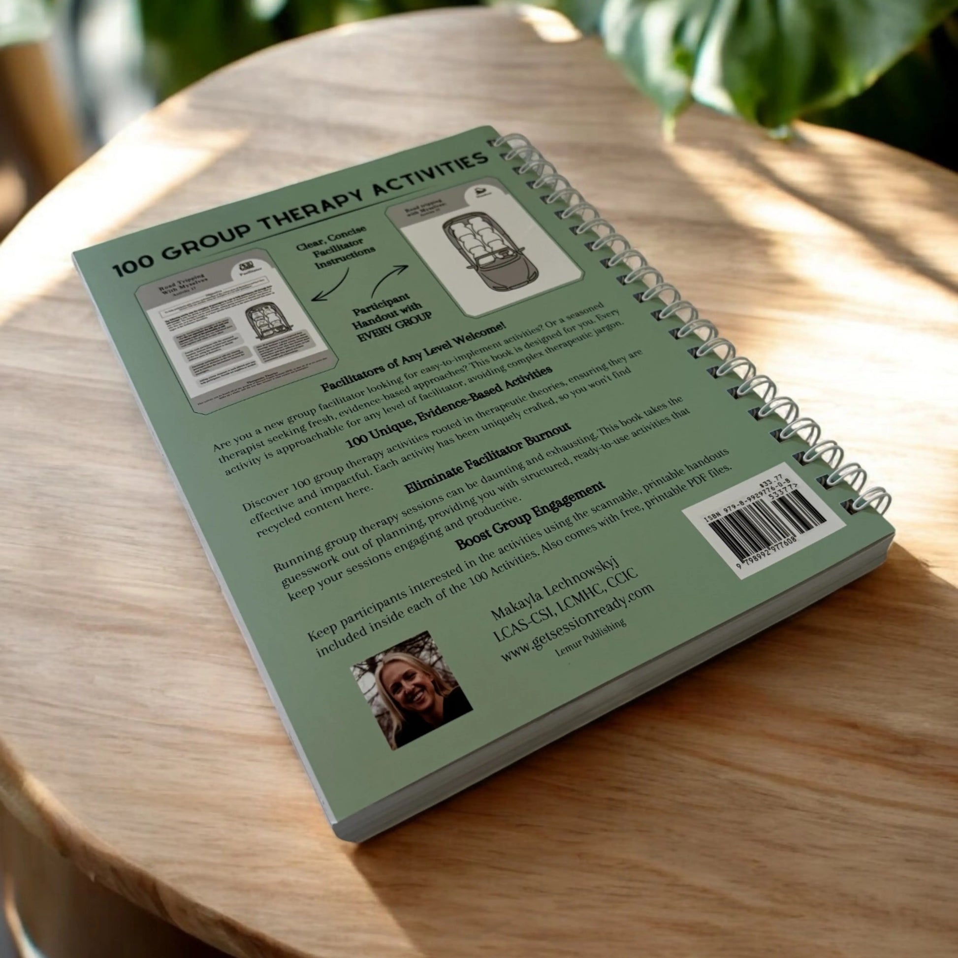 The back cover of the 100 Group Therapy Activities book, detailing features like 100 unique evidence-based activities, facilitator instructions, and client handouts for every group.