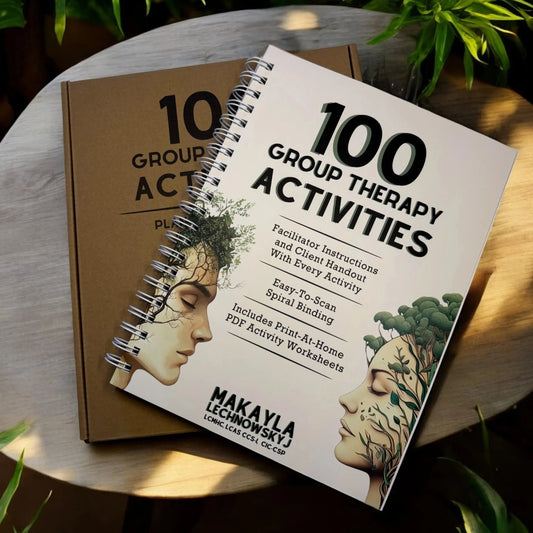 The 100 Group Therapy Activities spiral-bound book on a wooden table next to its branded "Plan Less, Help More" shipping box.