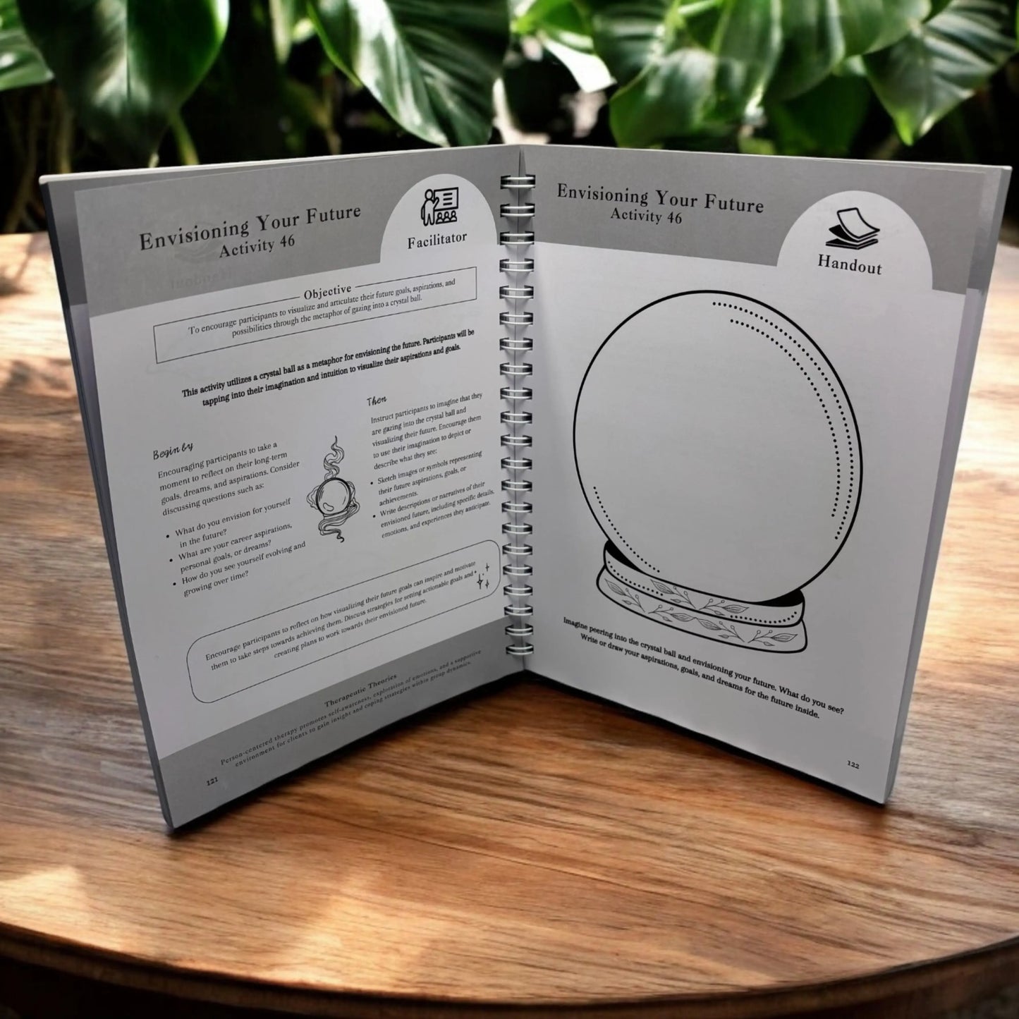 An inside look at the "Envisioning Your Future" activity, with the facilitator guide on one page and the "crystal ball" client worksheet on the other.