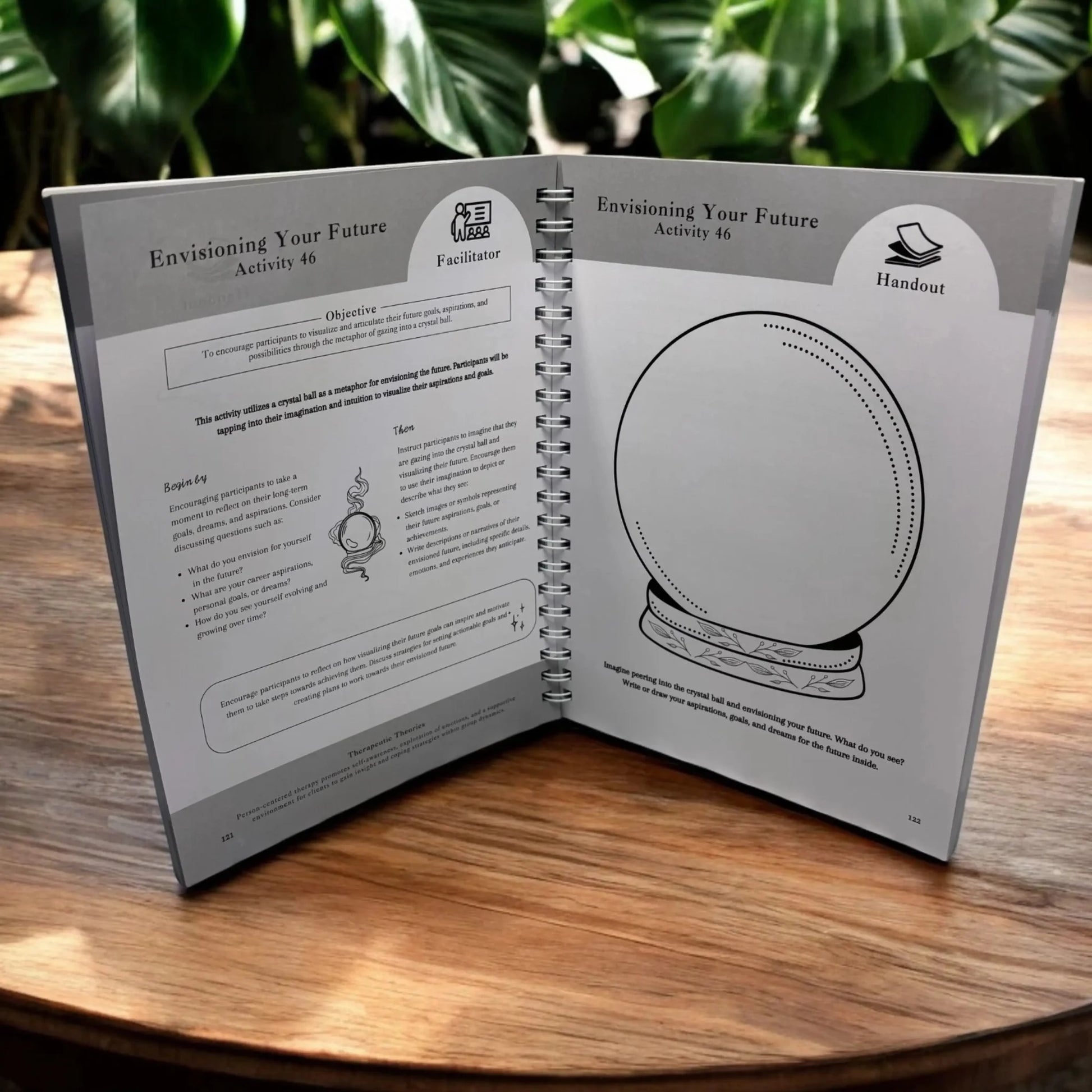 An inside look at the "Envisioning Your Future" activity, with the facilitator guide on one page and the "crystal ball" client worksheet on the other.