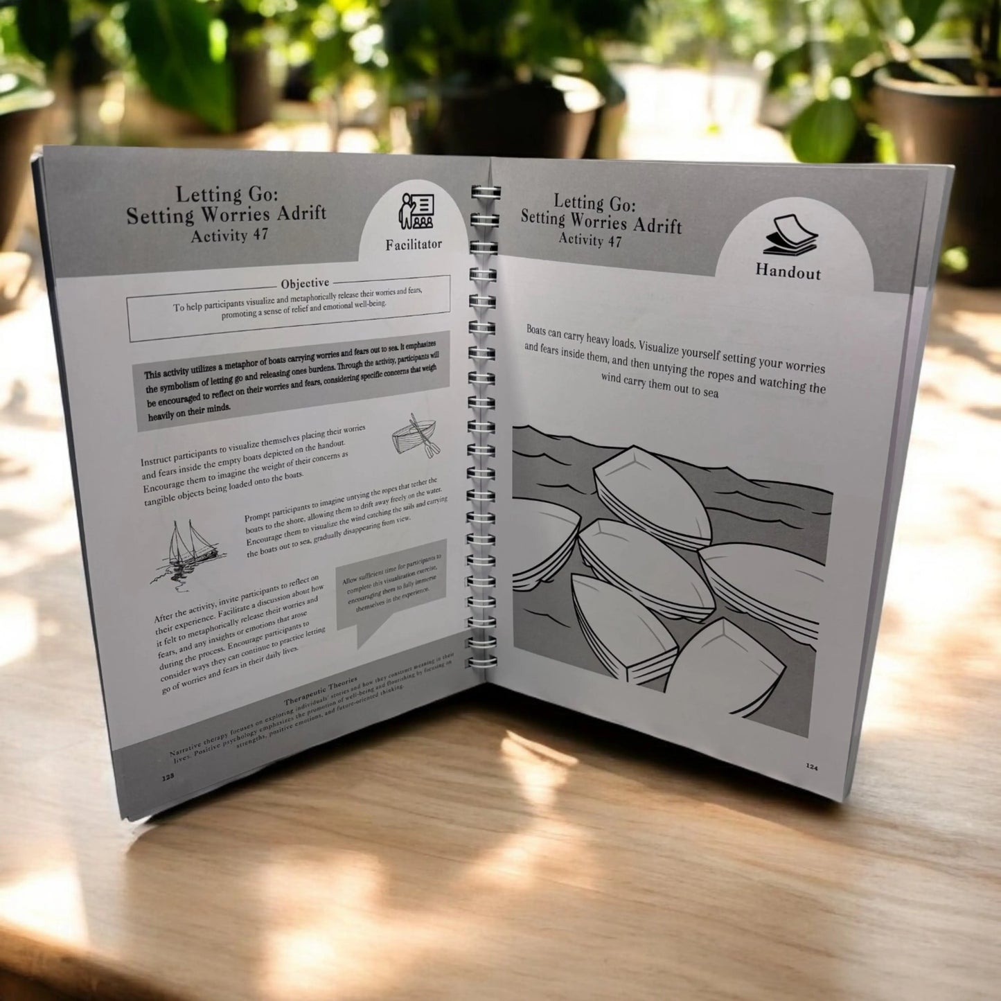 An example activity spread, "Letting Go: Setting Worries Adrift," showing the clear facilitator guide on the left and the "boats" worksheet for clients on the right.