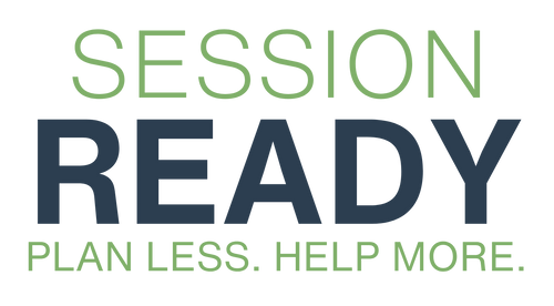 Logo for a company that produces therapist and counselor resources with text 'SESSION READY' and tagline 'PLAN LESS. HELP MORE.' on a transparent background