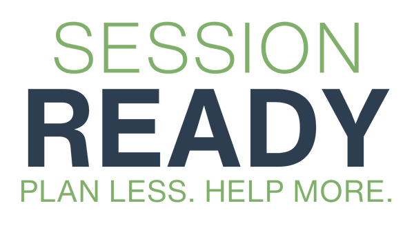 The official logo for Session Ready, a company that produces therapist and counselor resources with the tagline "PLAN LESS. HELP MORE."